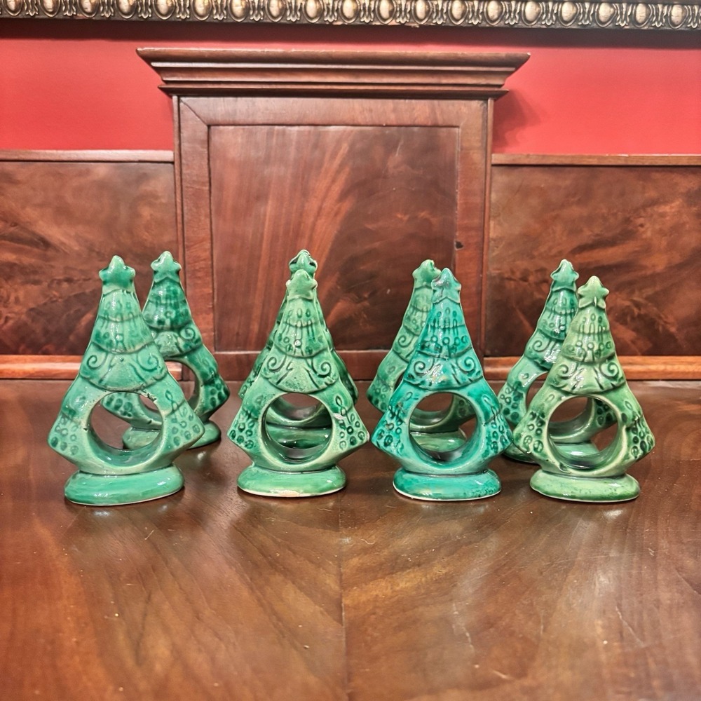 Vintage Christmas Tree Napkin Rings Green Ceramic Set of 8 Holiday